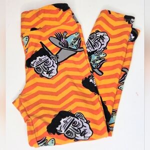 Lularoe Halloween Orange‎ Chevron Print Frankenstein Witch Face Leggings